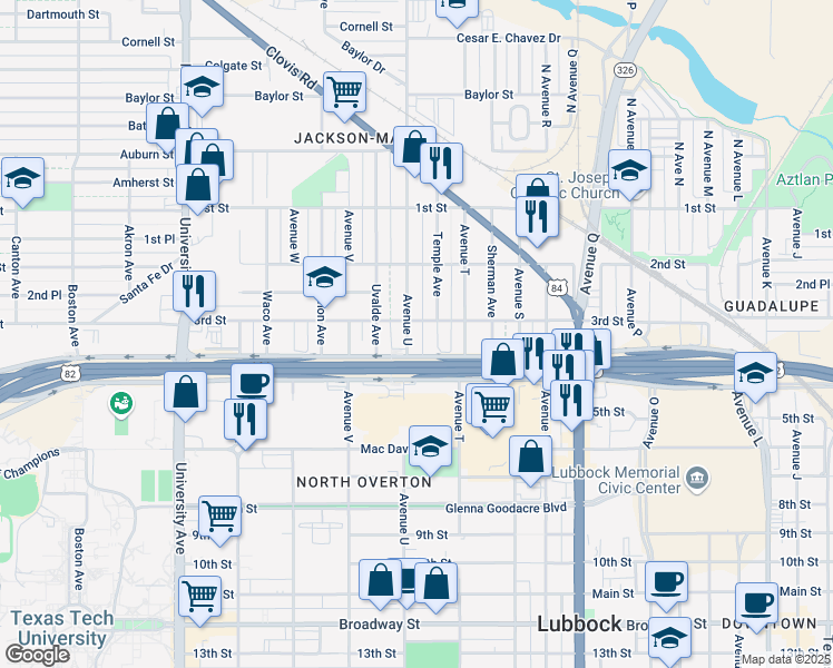 map of restaurants, bars, coffee shops, grocery stores, and more near 304 Avenue U in Lubbock