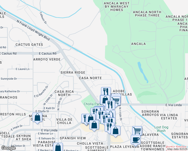 map of restaurants, bars, coffee shops, grocery stores, and more near 11280 East Sunnyside Drive in Scottsdale