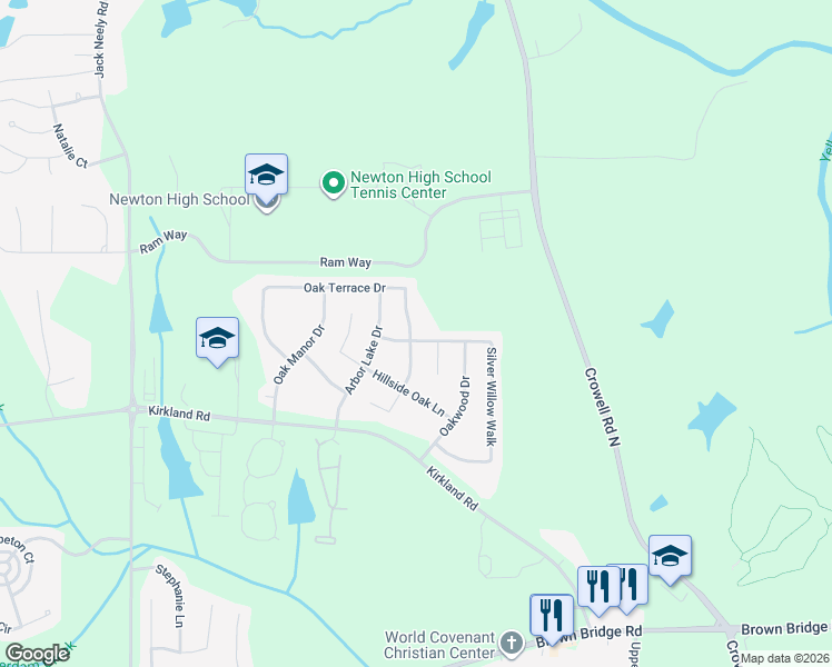 map of restaurants, bars, coffee shops, grocery stores, and more near 420 Silver Willow Walk in Covington