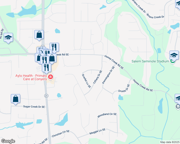 map of restaurants, bars, coffee shops, grocery stores, and more near 2301 Sharon Court Southeast in Conyers
