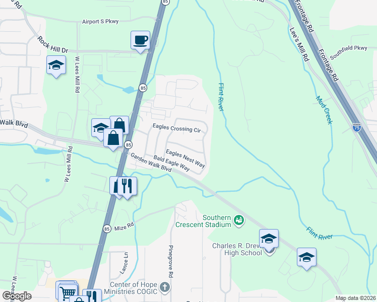map of restaurants, bars, coffee shops, grocery stores, and more near 377 Eagles Flight Lane in Riverdale