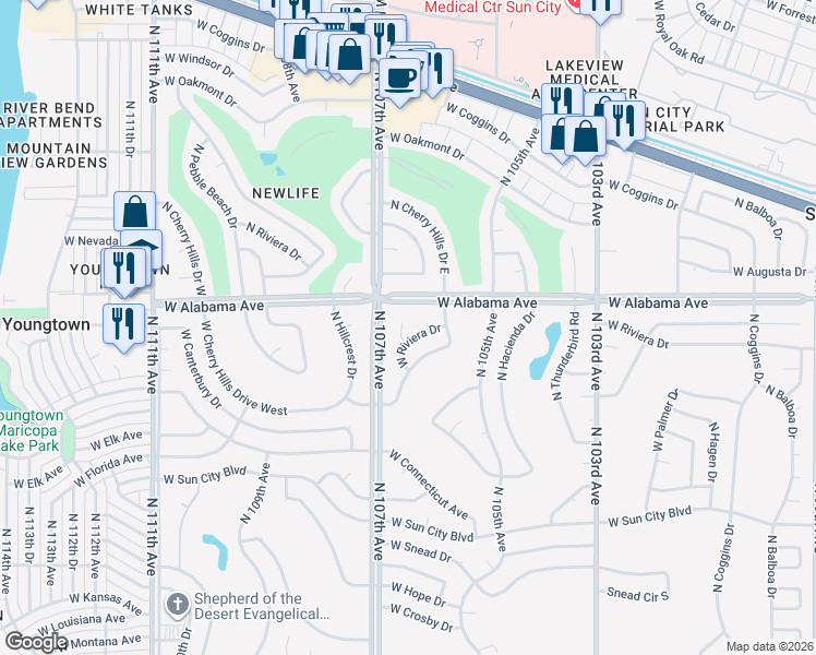 map of restaurants, bars, coffee shops, grocery stores, and more near 12029 North Riviera Court in Sun City