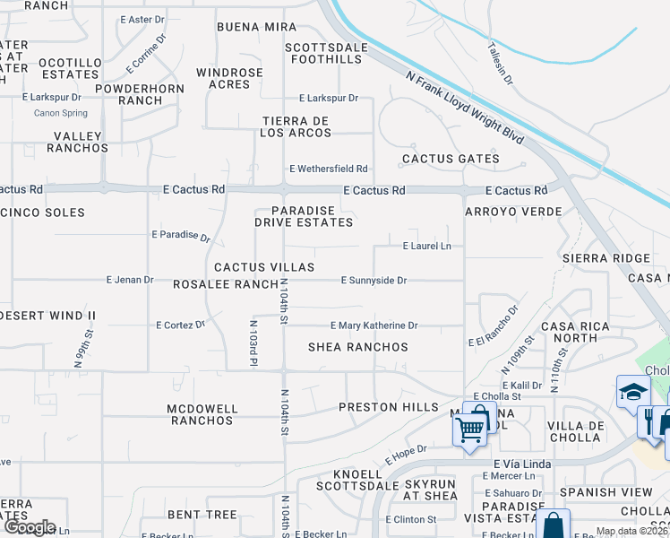 map of restaurants, bars, coffee shops, grocery stores, and more near 10510 East Sunnyside Drive in Scottsdale