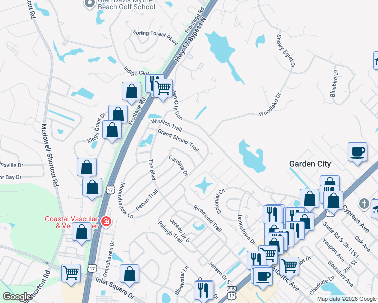 map of restaurants, bars, coffee shops, grocery stores, and more near 871 Grand Strand Trail in Murrells Inlet