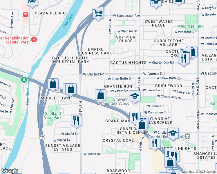 map of restaurants, bars, coffee shops, grocery stores, and more near 8915 West Paradise Drive in Peoria