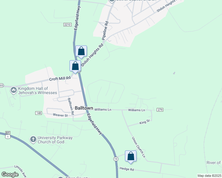 map of restaurants, bars, coffee shops, grocery stores, and more near 1268 Edgefield Highway in Aiken