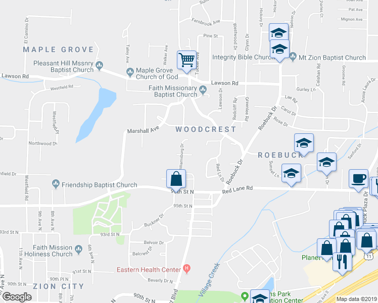 map of restaurants, bars, coffee shops, grocery stores, and more near 422 Buckingham Circle in Birmingham