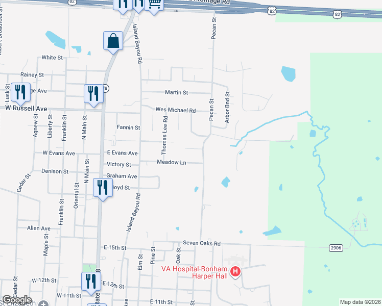 map of restaurants, bars, coffee shops, grocery stores, and more near 414 Jo Aynn Circle in Bonham