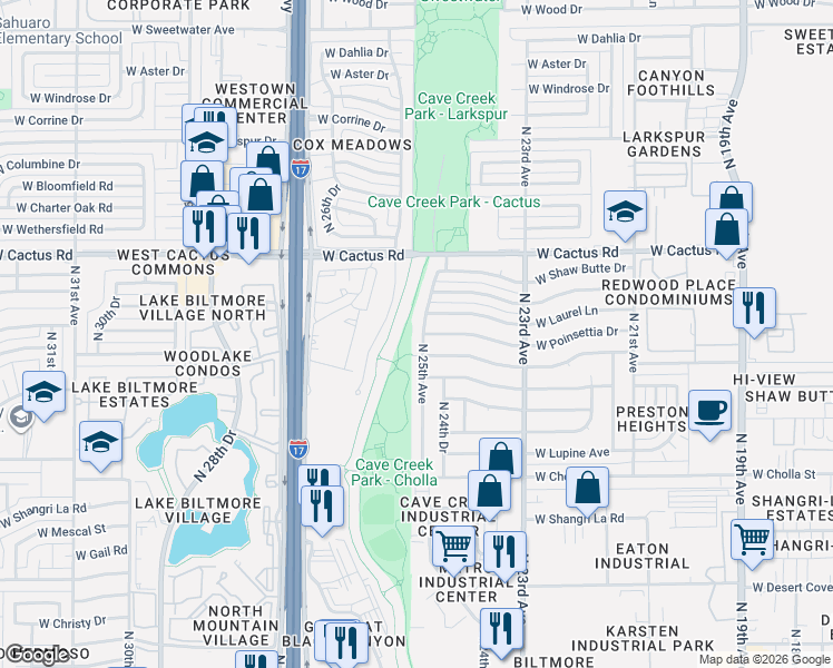 map of restaurants, bars, coffee shops, grocery stores, and more near 2430 West Poinsettia Drive in Phoenix