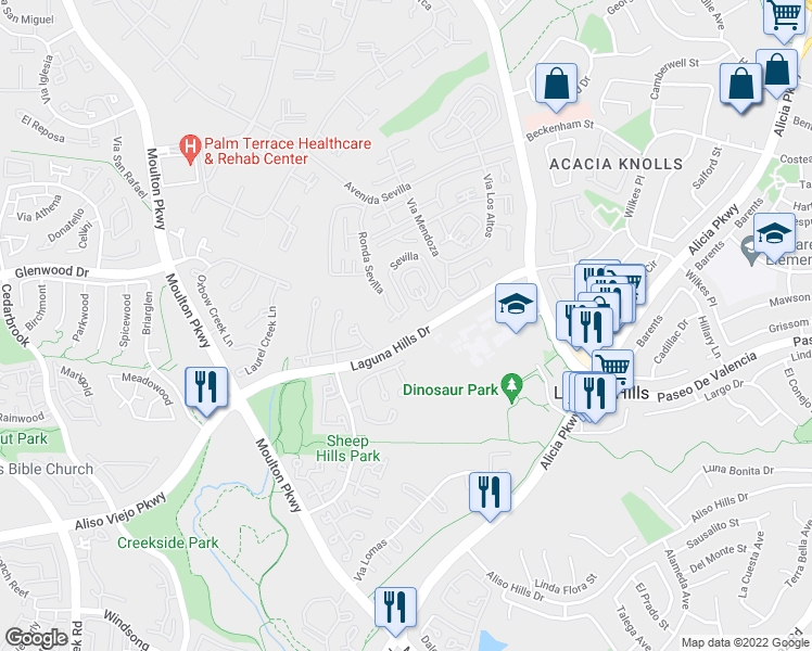 map of restaurants, bars, coffee shops, grocery stores, and more near 835 Ronda Sevilla in Laguna Hills