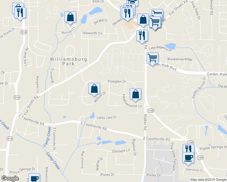 map of restaurants, bars, coffee shops, grocery stores, and more near 1341 Willow Drive in Riverdale
