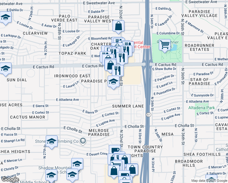 map of restaurants, bars, coffee shops, grocery stores, and more near 11850 North 32nd Street in Phoenix