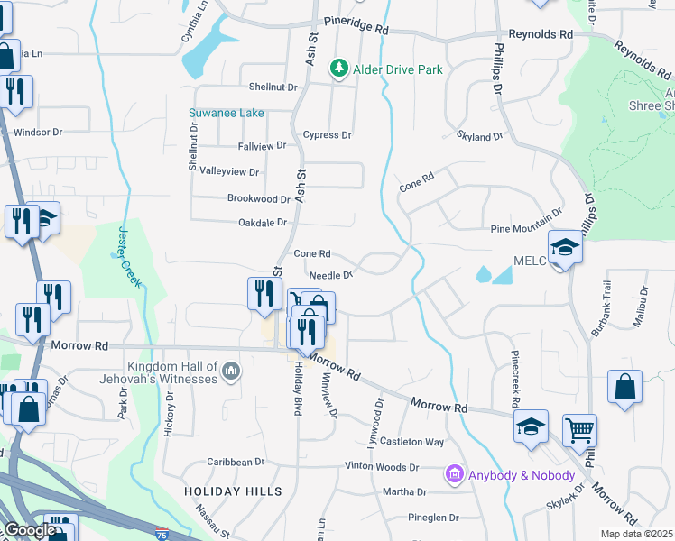 map of restaurants, bars, coffee shops, grocery stores, and more near 838 Needle Drive in Forest Park