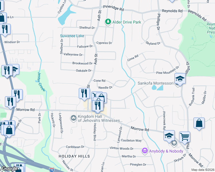 map of restaurants, bars, coffee shops, grocery stores, and more near 838 Needle Drive in Forest Park