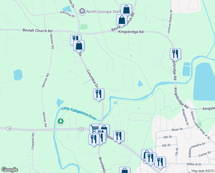 map of restaurants, bars, coffee shops, grocery stores, and more near 104 Glen Way in Carrollton