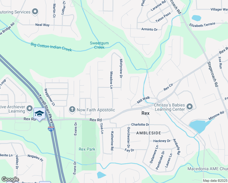 map of restaurants, bars, coffee shops, grocery stores, and more near 5890 Meadow Lane in Rex