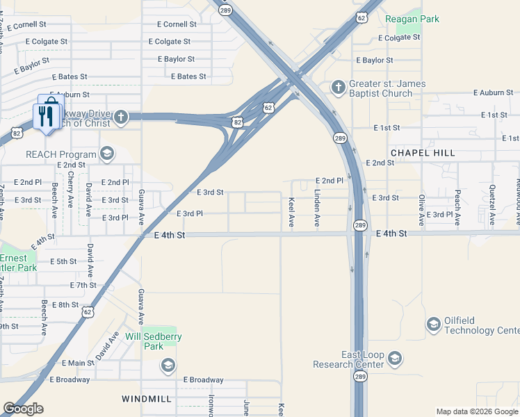 map of restaurants, bars, coffee shops, grocery stores, and more near 3605 East 3rd Place in Lubbock