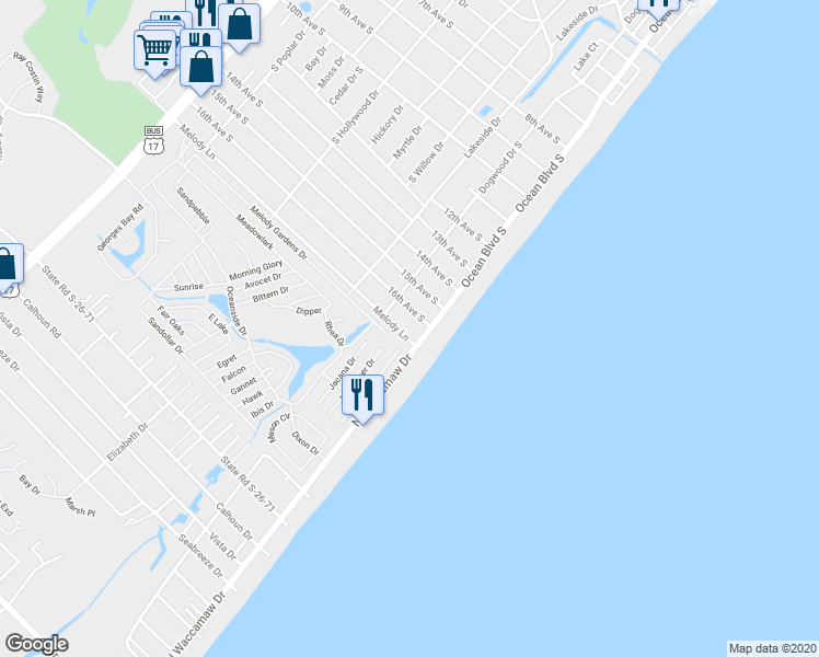 map of restaurants, bars, coffee shops, grocery stores, and more near 112 Melody Lane in Surfside Beach