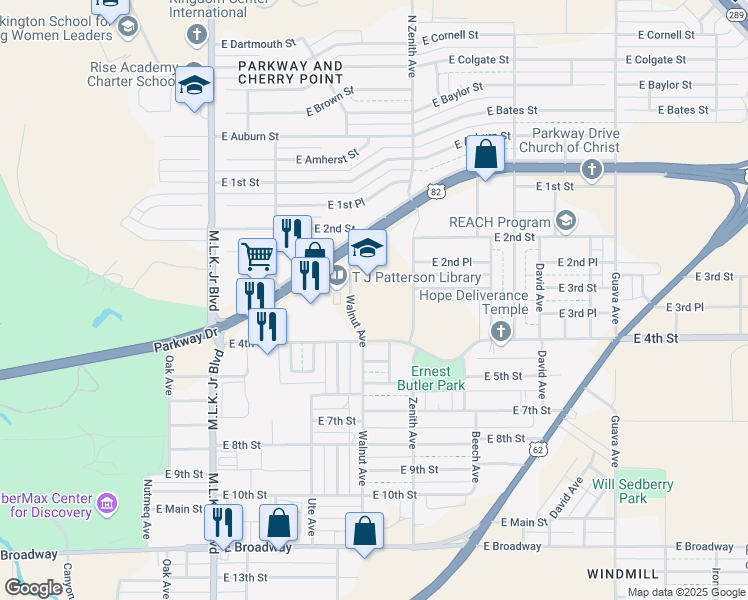 map of restaurants, bars, coffee shops, grocery stores, and more near 219 Walnut Avenue in Lubbock