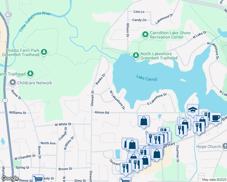 map of restaurants, bars, coffee shops, grocery stores, and more near 135 West Lakeshore Drive in Carrollton
