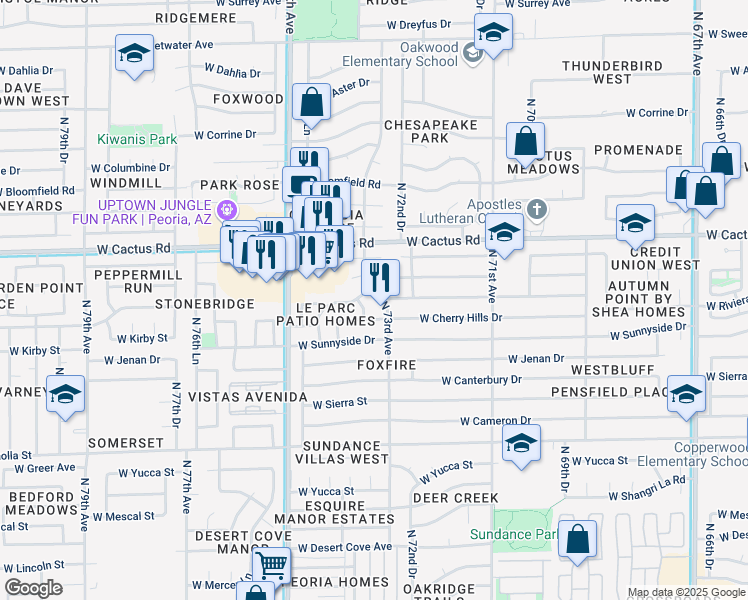 map of restaurants, bars, coffee shops, grocery stores, and more near 11952 North 73rd Avenue in Peoria