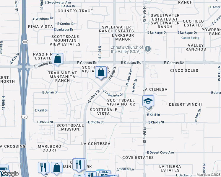 map of restaurants, bars, coffee shops, grocery stores, and more near 9430 East Jenan Drive in Scottsdale