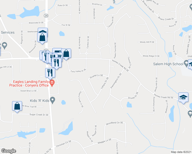 map of restaurants, bars, coffee shops, grocery stores, and more near 2301 Sharon Court Southeast in Conyers