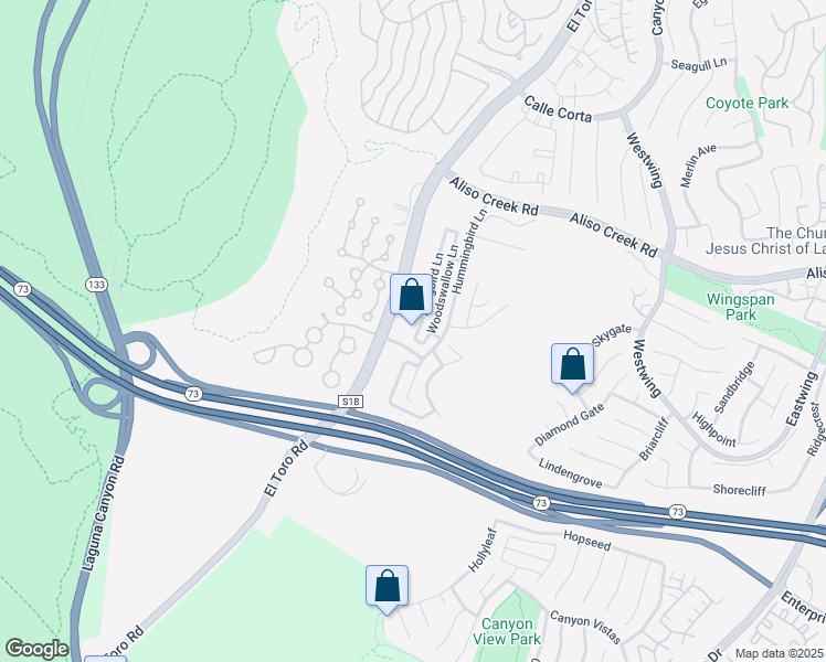 map of restaurants, bars, coffee shops, grocery stores, and more near 43 Songbird Lane in Aliso Viejo