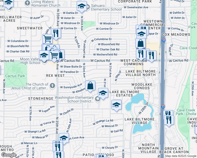 map of restaurants, bars, coffee shops, grocery stores, and more near 3208 West Sunnyside Avenue in Phoenix