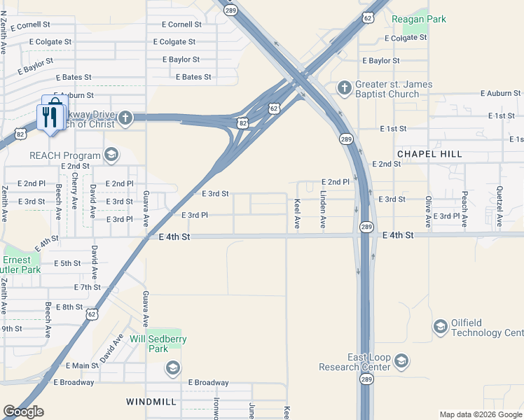 map of restaurants, bars, coffee shops, grocery stores, and more near 3605 East 3rd Place in Lubbock