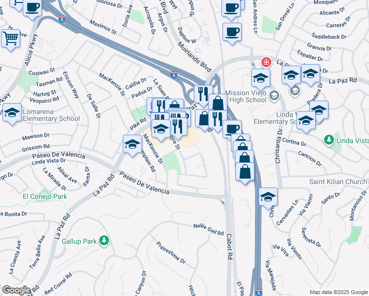 map of restaurants, bars, coffee shops, grocery stores, and more near 25855 Spruce Lane in Laguna Hills