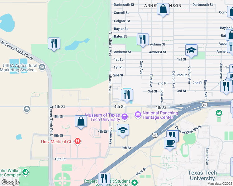 map of restaurants, bars, coffee shops, grocery stores, and more near 223 Indiana Avenue in Lubbock