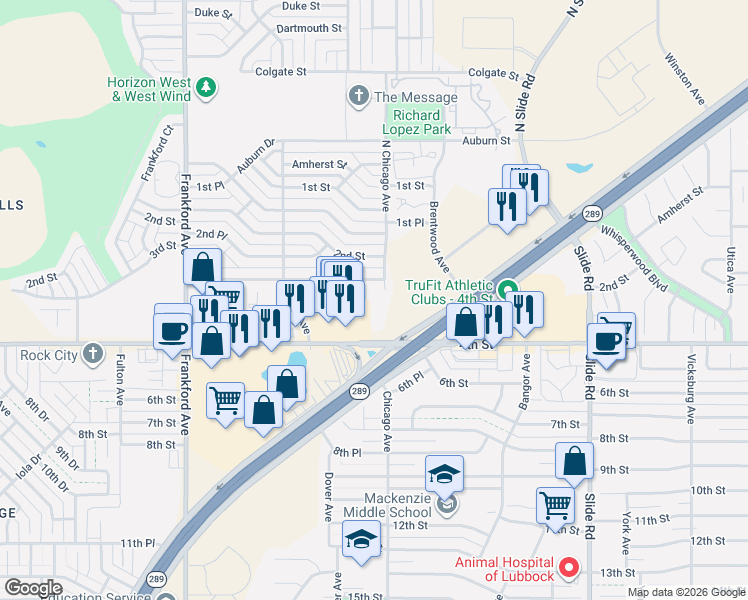 map of restaurants, bars, coffee shops, grocery stores, and more near 349 North Chicago Avenue in Lubbock