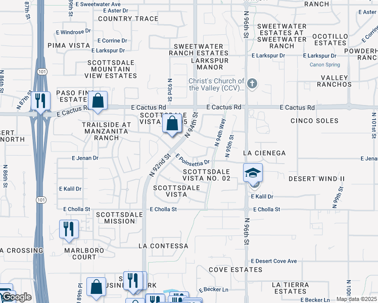 map of restaurants, bars, coffee shops, grocery stores, and more near 9430 East Jenan Drive in Scottsdale