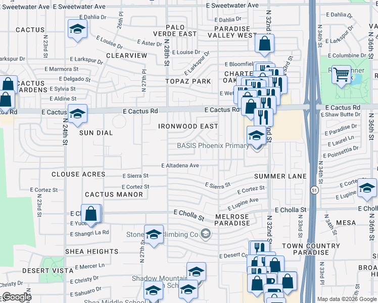 map of restaurants, bars, coffee shops, grocery stores, and more near 2840 East Sunnyside Drive in Phoenix