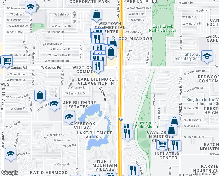 map of restaurants, bars, coffee shops, grocery stores, and more near 11821 North 28th Drive in Phoenix