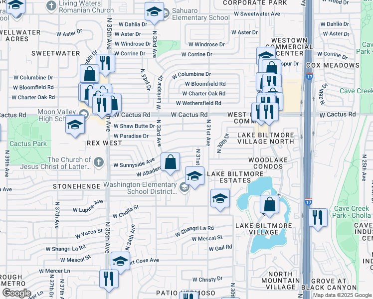 map of restaurants, bars, coffee shops, grocery stores, and more near 3208 West Sunnyside Avenue in Phoenix