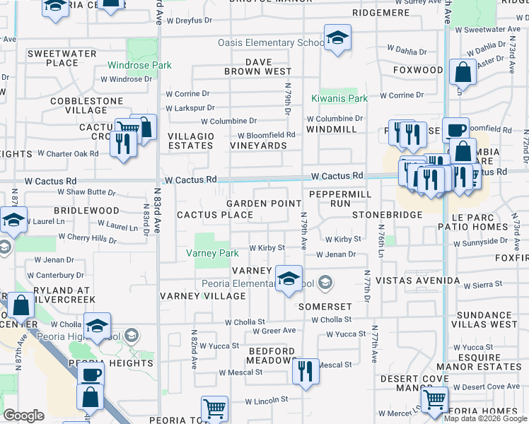 map of restaurants, bars, coffee shops, grocery stores, and more near 11966 North 80th Avenue in Peoria