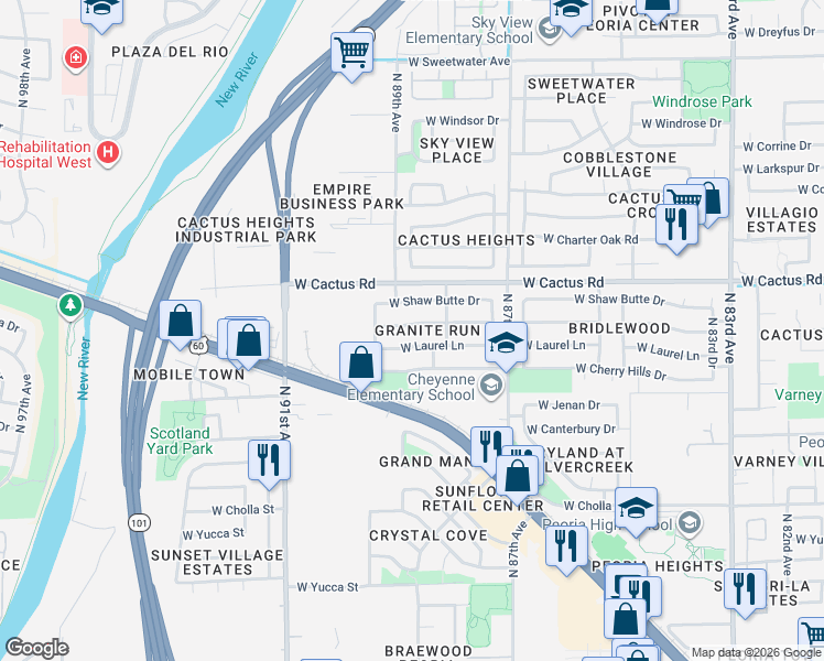 map of restaurants, bars, coffee shops, grocery stores, and more near in Peoria