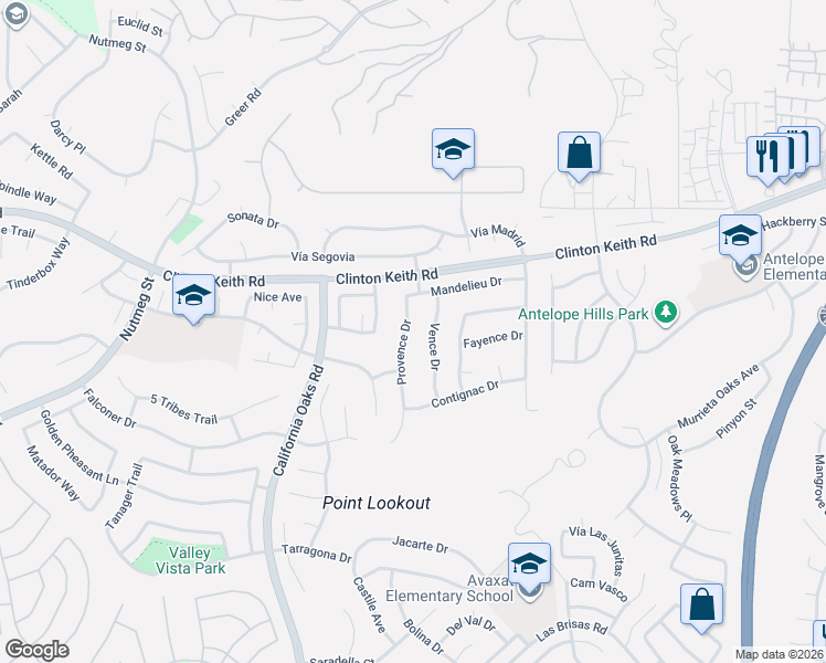 map of restaurants, bars, coffee shops, grocery stores, and more near 36139 Vence Drive in Murrieta