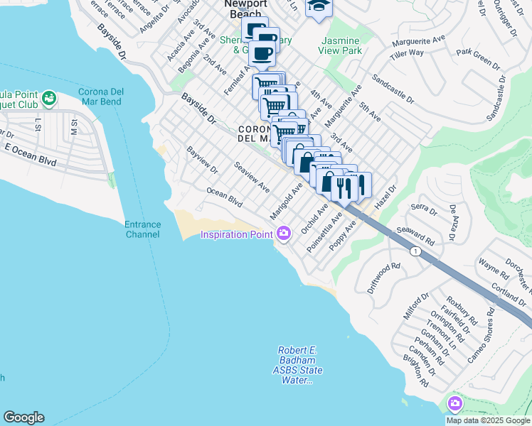 map of restaurants, bars, coffee shops, grocery stores, and more near 3300 Ocean Boulevard in Newport Beach