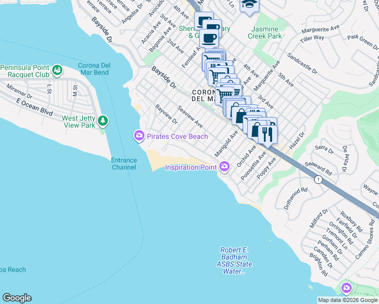 map of restaurants, bars, coffee shops, grocery stores, and more near 3150 Breakers Drive in Newport Beach