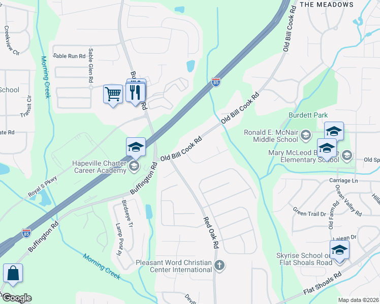 map of restaurants, bars, coffee shops, grocery stores, and more near 5920 Old Bill Cook Road in College Park