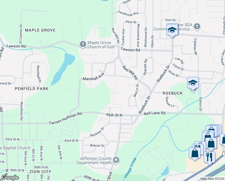 map of restaurants, bars, coffee shops, grocery stores, and more near 446 Buckingham Circle in Birmingham