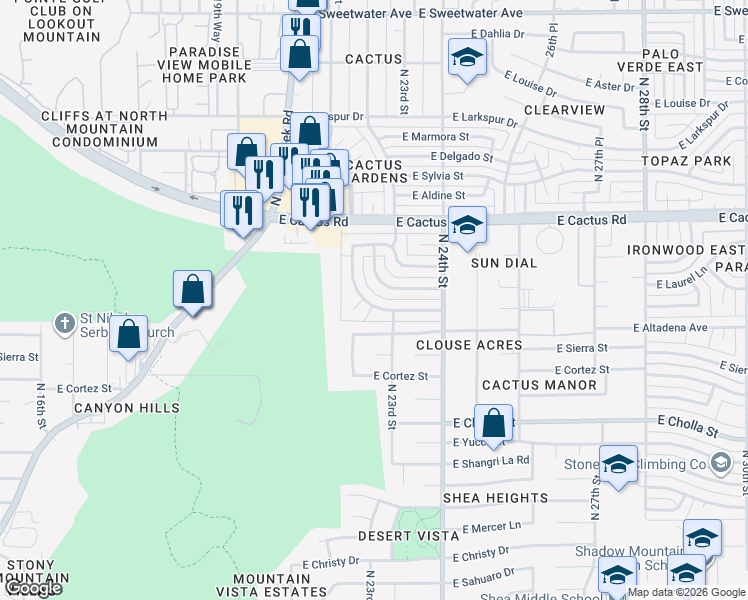 map of restaurants, bars, coffee shops, grocery stores, and more near 2216 E Poinsettia Dr in Phoenix