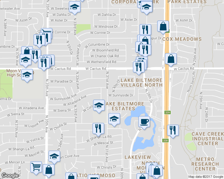 map of restaurants, bars, coffee shops, grocery stores, and more near 11830 North 30th Drive in Phoenix