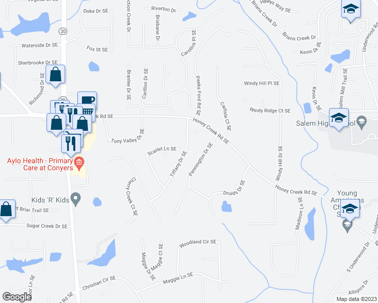 map of restaurants, bars, coffee shops, grocery stores, and more near 3512 Tiffany Drive Southeast in Conyers