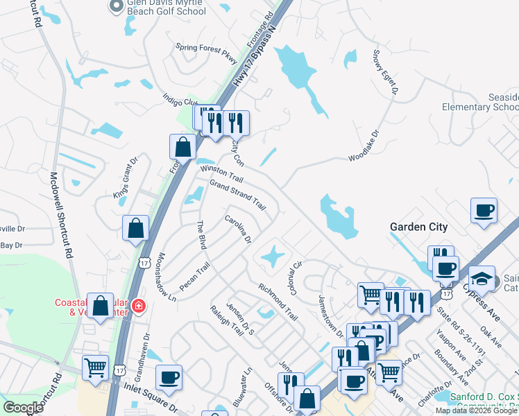 map of restaurants, bars, coffee shops, grocery stores, and more near 871 Grand Strand Trail in Murrells Inlet