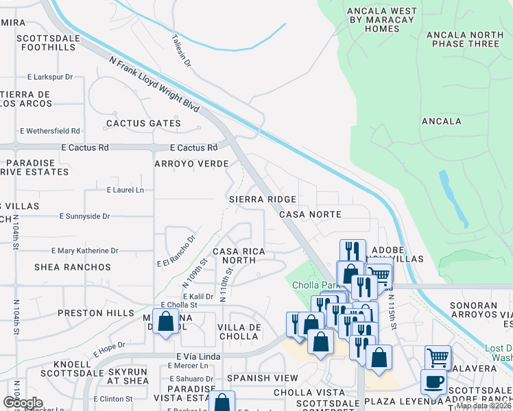 map of restaurants, bars, coffee shops, grocery stores, and more near 11082 East Sunnyside Drive in Scottsdale