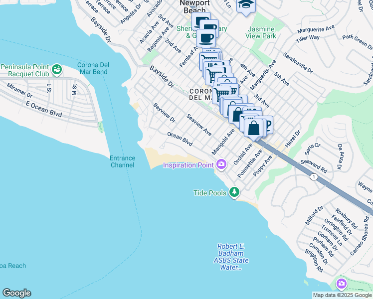map of restaurants, bars, coffee shops, grocery stores, and more near 3150 Breakers Drive in Newport Beach